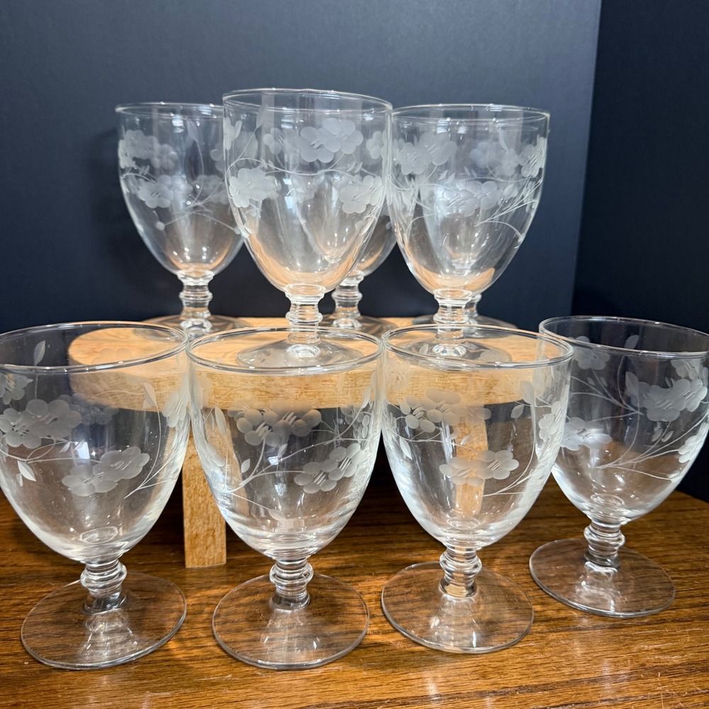 Vintage Etched Glass Water Goblets Set 9 Clear Floral Stemware Farmhouse Boho